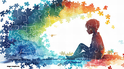 Silhouette colorée d'un enfant assis et des puzzles autour.
