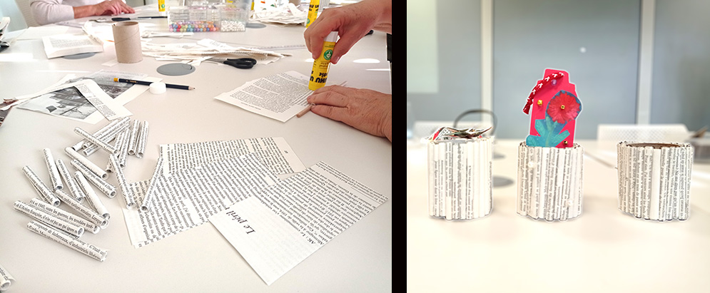 Deux photos : la table avec les pages des livres, les pots à crayons crées avec les pages de livres.