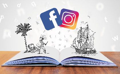 Livre ouvert avec les dessins en 3D : pirate, palmiers, logos Facebook et Instagram