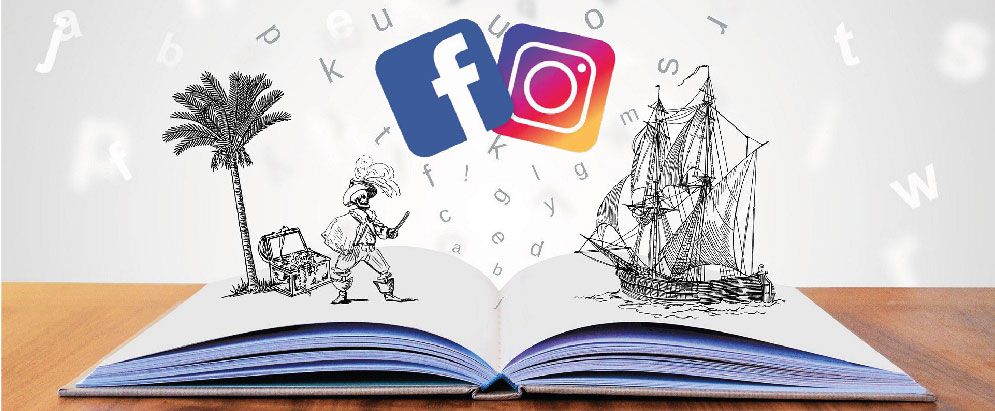 Livre ouvert avec les dessins en 3D : pirate, palmiers, logos Facebook et Instagram
