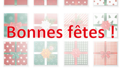 Image des cadeaux en filigrane et l'inscription : Bonnes fêtes !