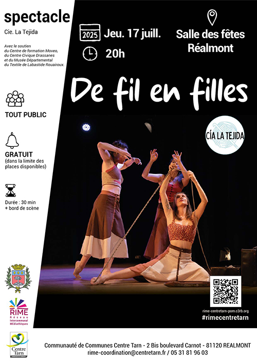 Affiche : photo du spectacle, titre : De fil en fille, date Jeu. 17 juill., 20h, lieu : salle de fêtes de Réalmont, logos.