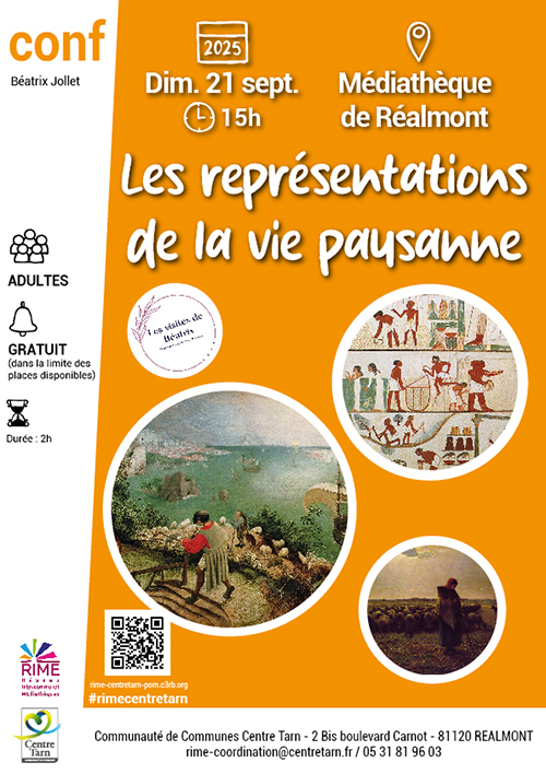 Affiche : Les représentations de la vie paysanne, conf Beatrix Jollet, 21 sept. 15h, Médiathèque de Réalmont.