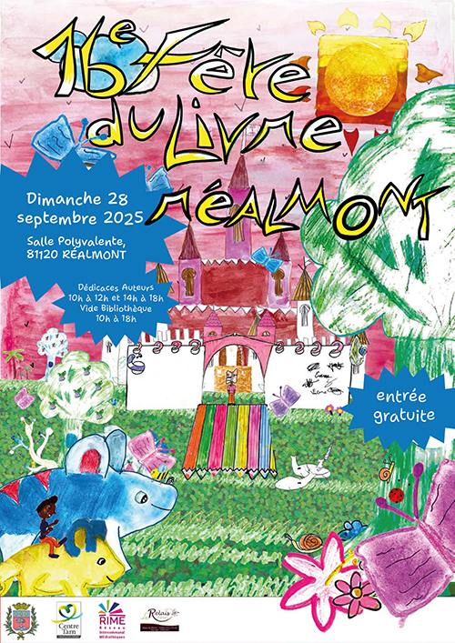 Affiche : dessin enfantine avec l'inscription "16ème Fête du Livre de Réalmont"