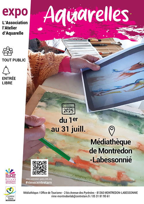 Affiche : photo des mains avec crayon devant une aquarelle en cours.
