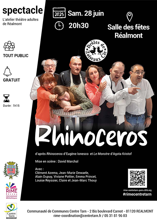 Photo de la groupe des acteurs avec une inscription "Rhinocéros", spectacle, L'atelier théâtre adultes de Réalmont, Salle des fêtes Réalmont, Sam. 28 juin 20h30, Tout public, gratuit, durée : 1h15