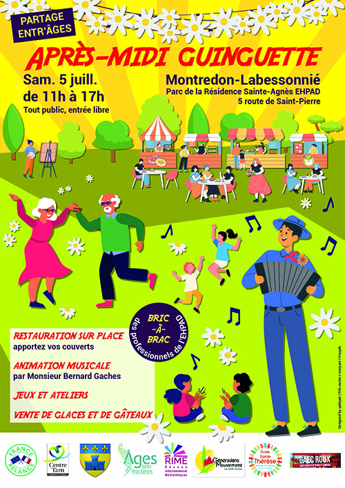 Affiche : illustration represente un paysage avec les arbres et marguerites, les personnes agées et les enfants dansent, l'acordeoniste joue sur le premier plan, loin les stands de restauration, les gens assis à des tables.
