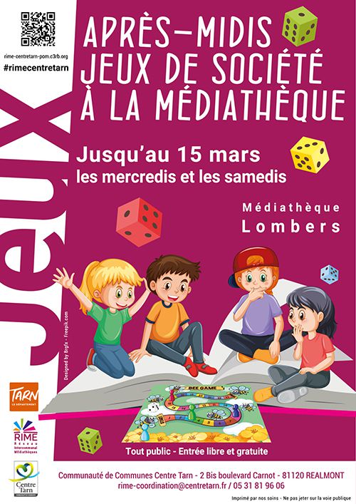 Affiche : "Après-midis jeux de société à la médiathèque"