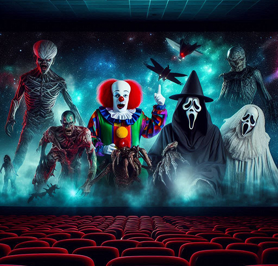 Dans une salle de cinéma les personnages des films horreur cultes comme zombie clown alien fan 01a